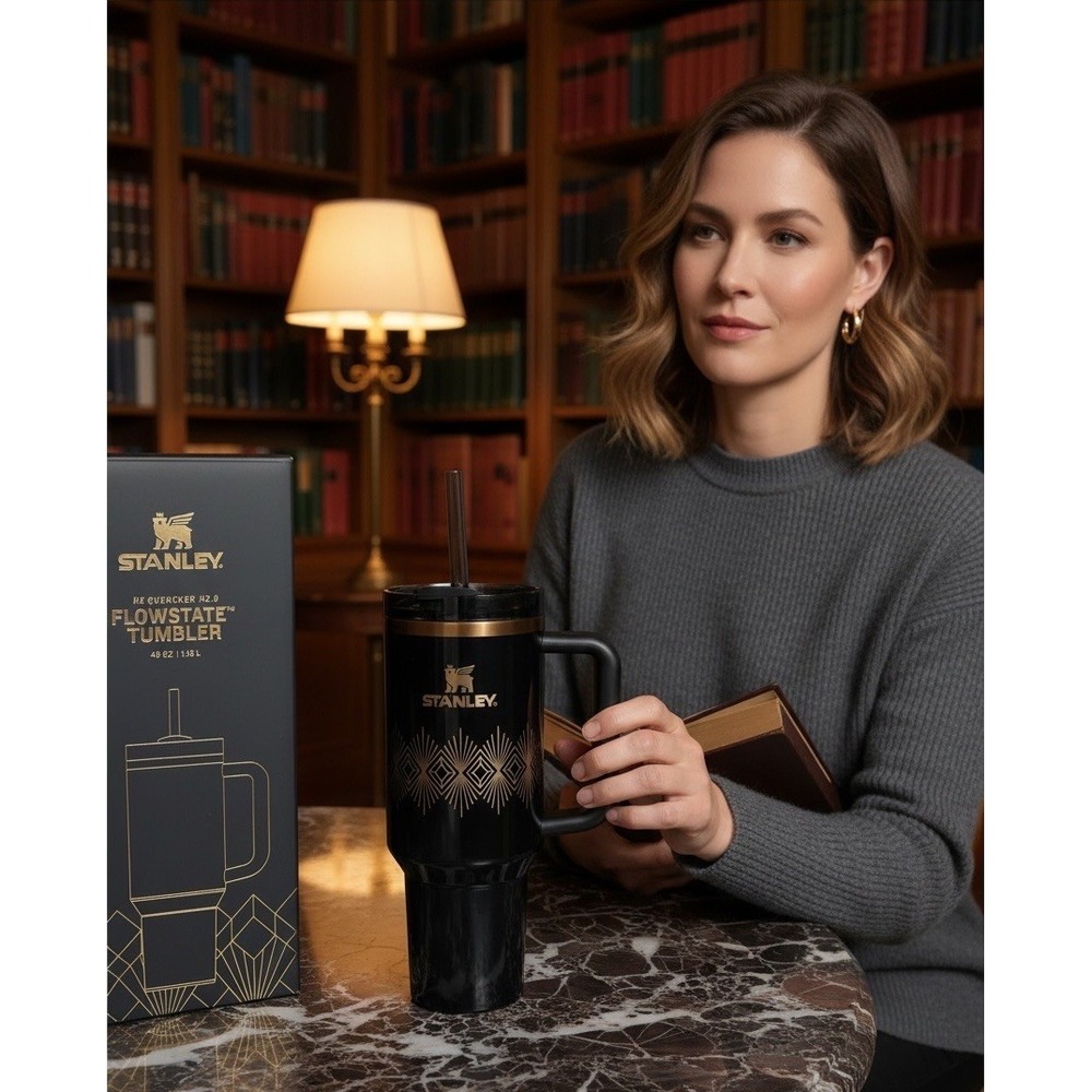 Stanley 40 Oz ( New In Box ) Tumbler Sleek Black & Gold Handle Straw Vehicle